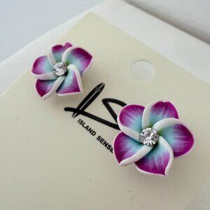 🌸 Island Sense Handcrafted Fimo Flower Earrings – Purple, White & Teal 🌸